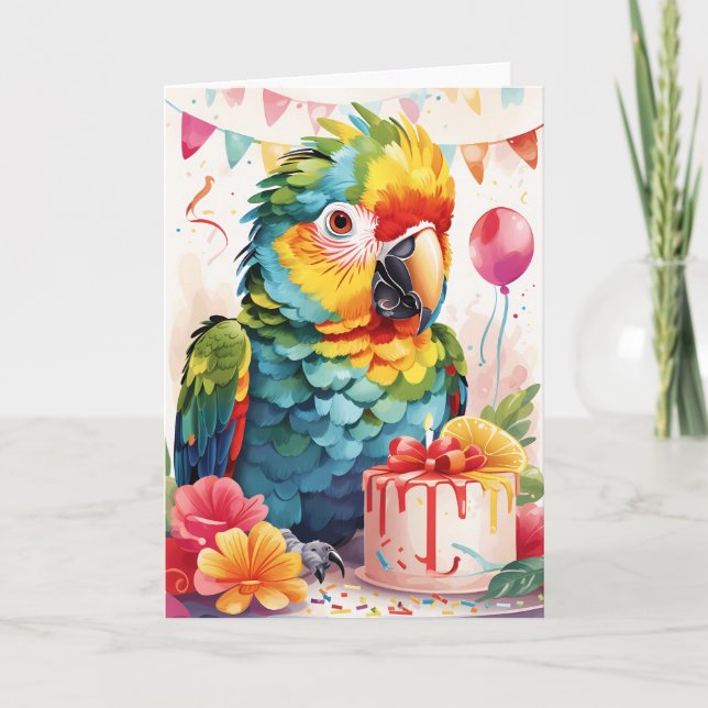 Un beau perroquet et un gâteau, fêtant ! | Carte (Devant)