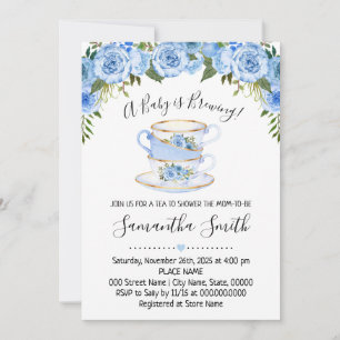 Un bébé brasse du thé baby shower bleu invitation