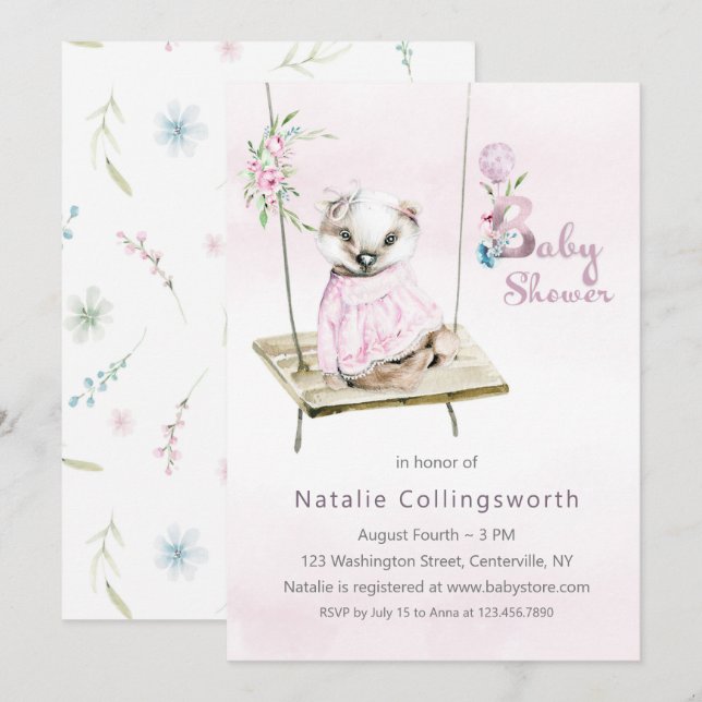 Un blaireau féminin sur invitation au Baby shower  (Devant / Derrière)