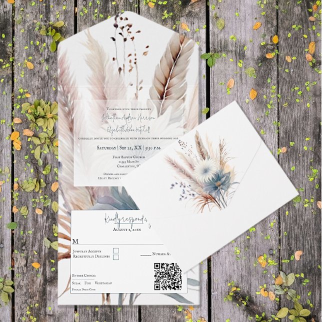 Un Boho d'hiver Mariage Floral tout en une invitation (White Winter Boho Floral Wedding All in One Invitation)