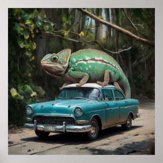Un caméléon perché sur une voiture dans un tableau