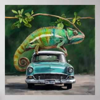 Un caméléon perché sur une voiture dans un tableau
