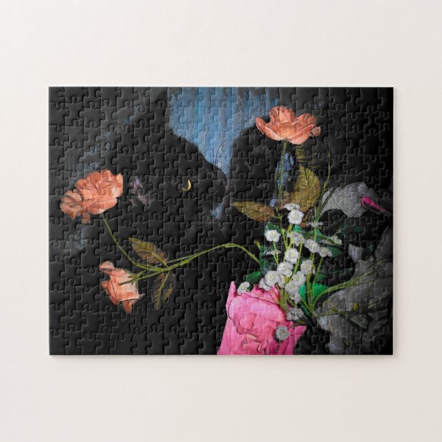 Un Chat Noir Prend Un Puzzle Fleur (Horizontal)