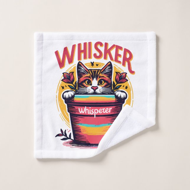 Un chat qui regarde de derrière un pot de fleurs (Gant de toilette)
