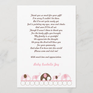 Un éléphant rose et Brown Merci Note avec un poème