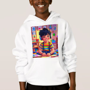 Un enfant avec une chemise rayée et un casque