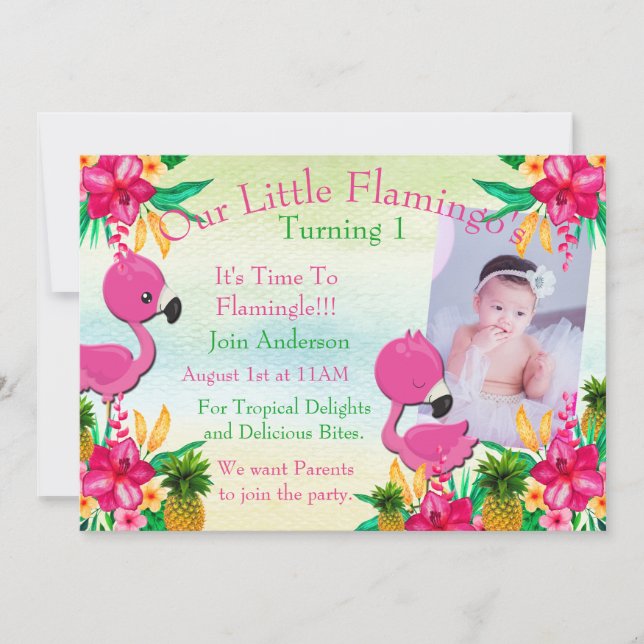 Un Flamant rose rose flambant 1er Invitation anniv (Devant)
