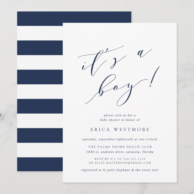 Un garçon | Invitation Baby shower de calligraphie (Devant / Derrière)