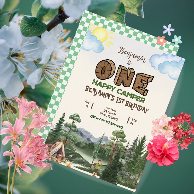 Un Happy Camper 1er Anniversaire Invitation - Edit (One Happy Camper 1st Birthday Invitation - Editable & Printable)