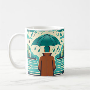 Un homme sur le jour de pluie parapluie café tasse
