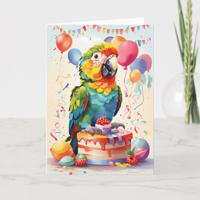 Un joli perroquet sur le gâteau en fête ! | Carte (Devant)