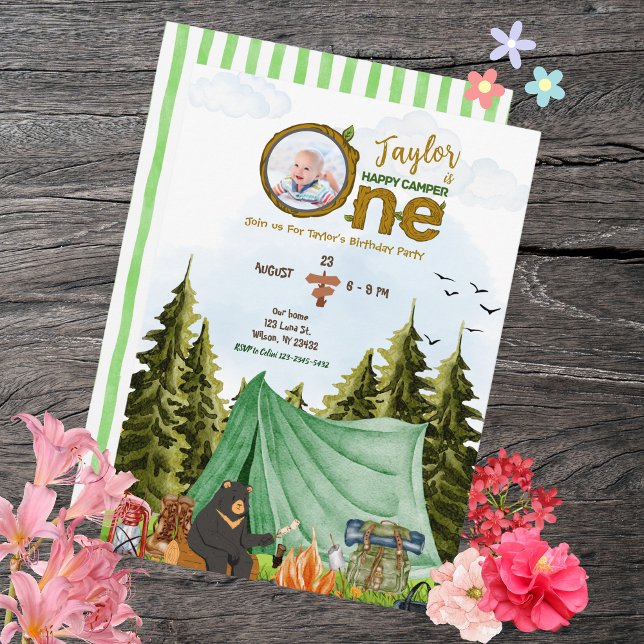 Un joyeux Camper 1er anniversaire Invitation photo (One Happy Camper 1st Birthday Photo Invite)