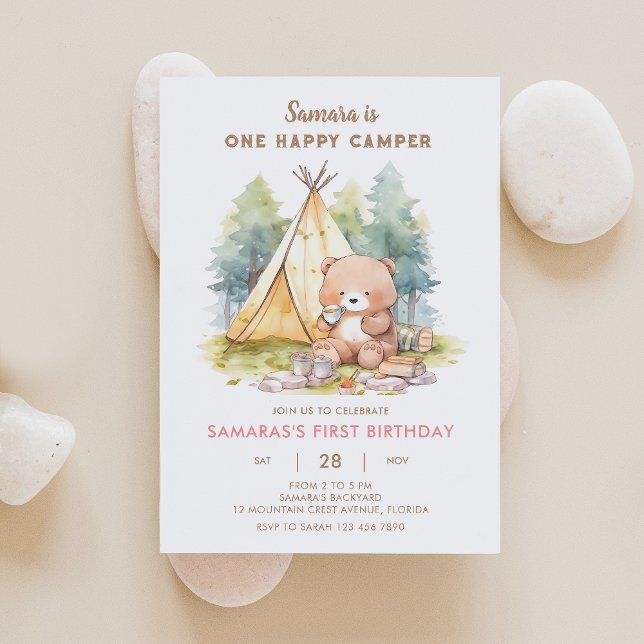 Un Joyeux Camper Bear Girl Anniversaire Invitation (Créateur téléchargé)