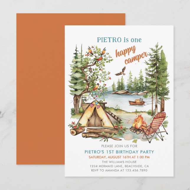 Un Joyeux Camper Boys 1er Invitation anniversaire (Devant / Derrière)