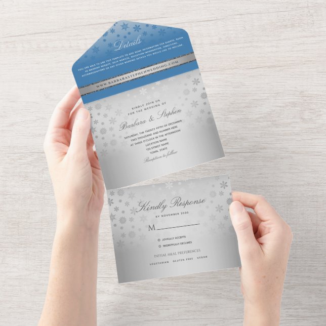 Un Mariage Bleu Argent Tout en une invitation (Déchirure)