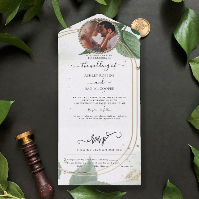 Un Mariage Gold Greenery tout en une invitation (Créateur téléchargé)