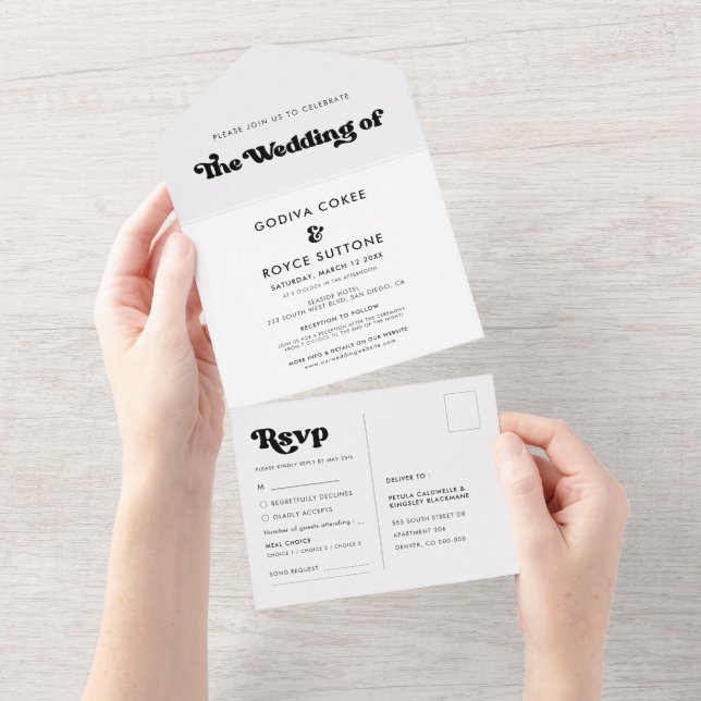 Un Mariage noir rétro élégant tout en une invitation (Déchirure)
