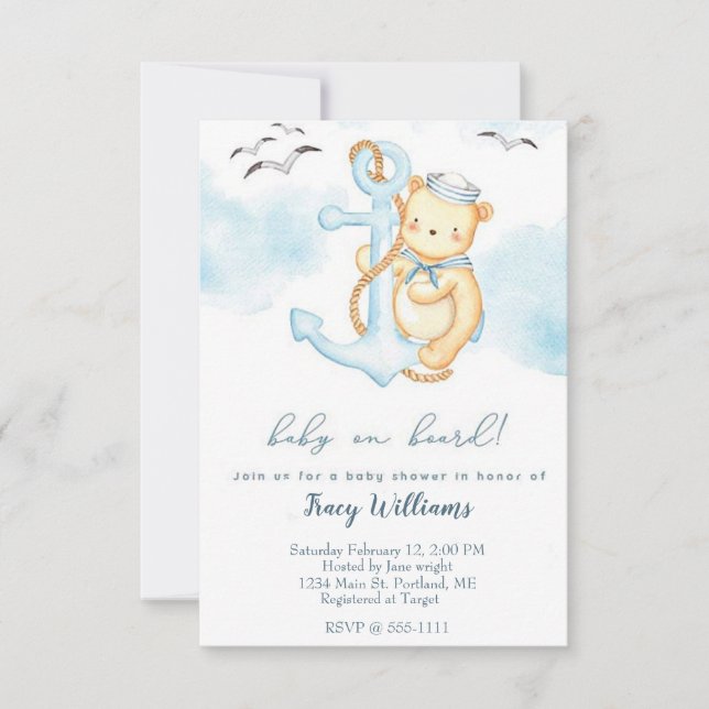 Un marin mignon porte une invitation baby shower (Devant)