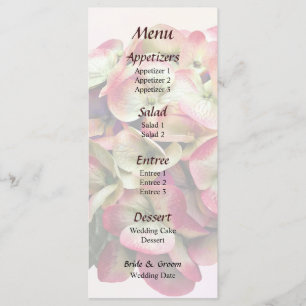 Un menu de mariage à une hydrangea rose et blanc