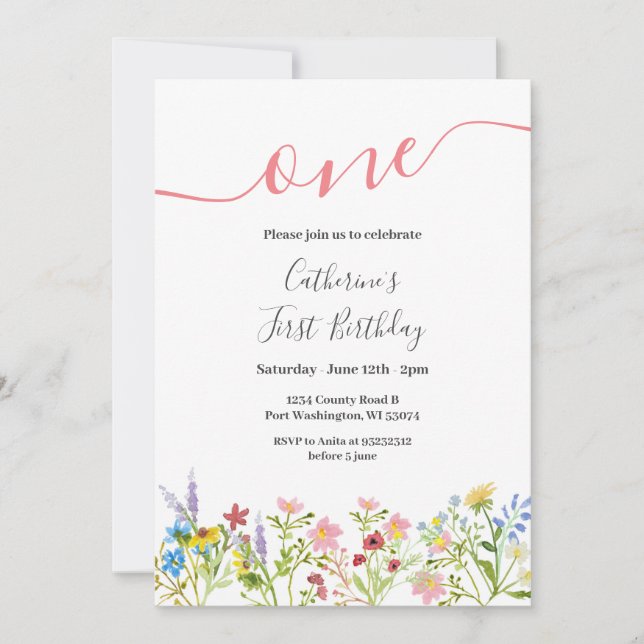 Un petit Fleur sauvage 1er anniversaire Invitation (Devant)