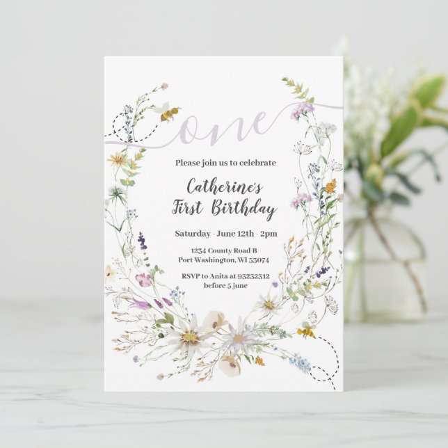 Un petit Fleur sauvage 1er anniversaire Invitation (Debout devant)
