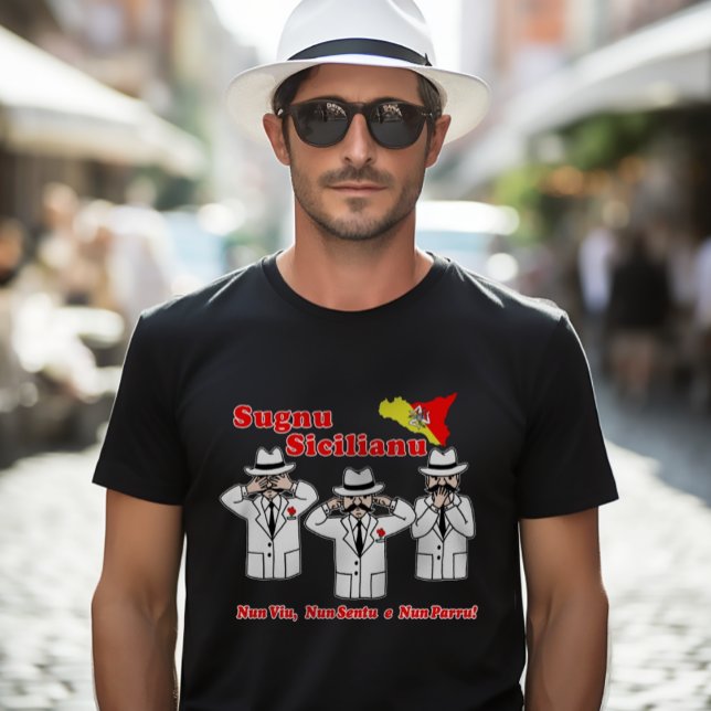 Un Sicilien Drôle Dit Mafia Caractères T-shirt (Sugnu Sicilianu: I'm a Sicilian (male) Funny Mafia Cartoon Tee
"I don't see, hear, or speak.")