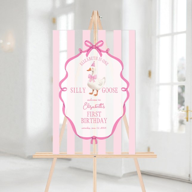 Un sot Oie rose Bow premier anniversaire Bienvenue (One Silly Goose Pink Bow First Birthday Welcome Acrylic Sign)