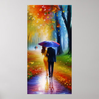 un tableau d'un couple marchant sous la pluie