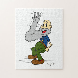 Un vieil homme agitant le puzzle de la barbe