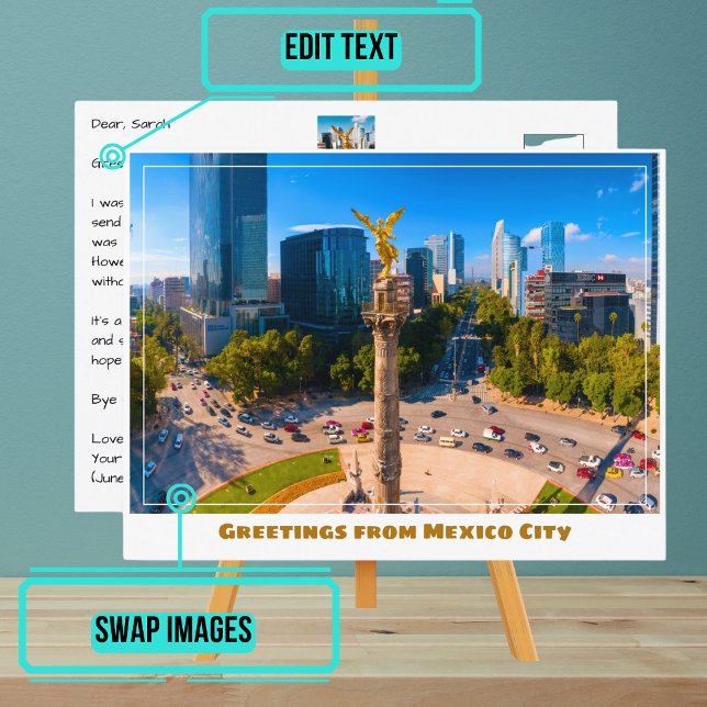 Unabhängigkeitsdenkmal mit Skyline Mexico City Postkarte (Enjoy our customizable postcard)