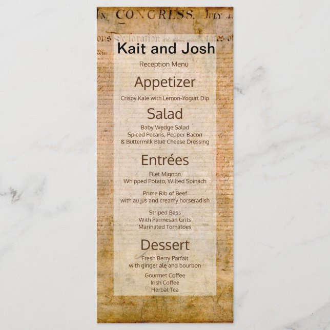 Unabhängigkeitserklärung 📜 USA, alter Parchmen Menükarte (Vorderseite)