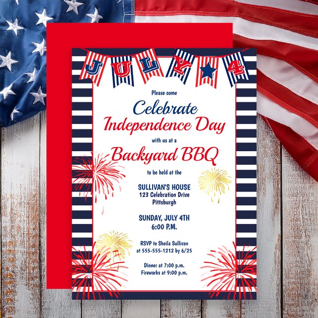 Unabhängigkeitstag 4. Juli GRILLEN Einladung (Independence Day July 4th Bunting Backyard BBQ Invitation)
