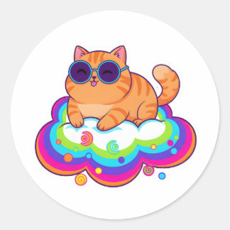 unartige orange Katze Blep auf Regenbogenwolke Runder Aufkleber