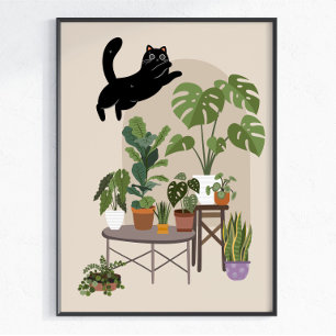 Unartige schwarze Katze & Monstera-Dschungel Poster