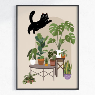 Unartige schwarze Katze & Monstera-Dschungel Poster