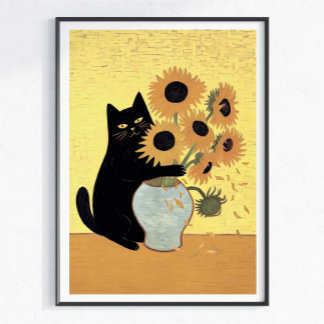 Unartige schwarze Katze Sonnenblume Malstil Poster