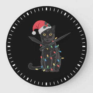 Unartige schwarze Katze Weihnachtslichter Santa-Hu Große Wanduhr