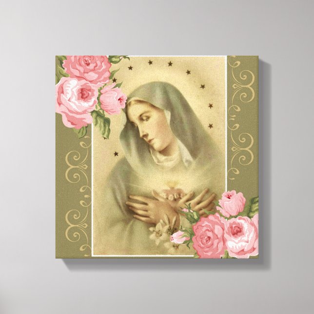 Unbeflecktes Herz Mary Pink Roses mit Lilies Leinwanddruck (Vorderseite)