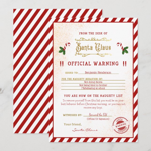 Unbeholfene Liste Warnung Santa Letter Einladung (Vorne/Hinten)