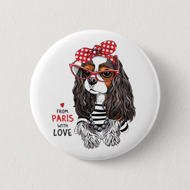 Unbekümmerter Königcharles Spaniel von Paris mit Button (Vorderseite)
