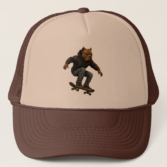 Unchained Skater Pitbull Grafik Art Skateboarding Truckerkappe (Vorderseite)