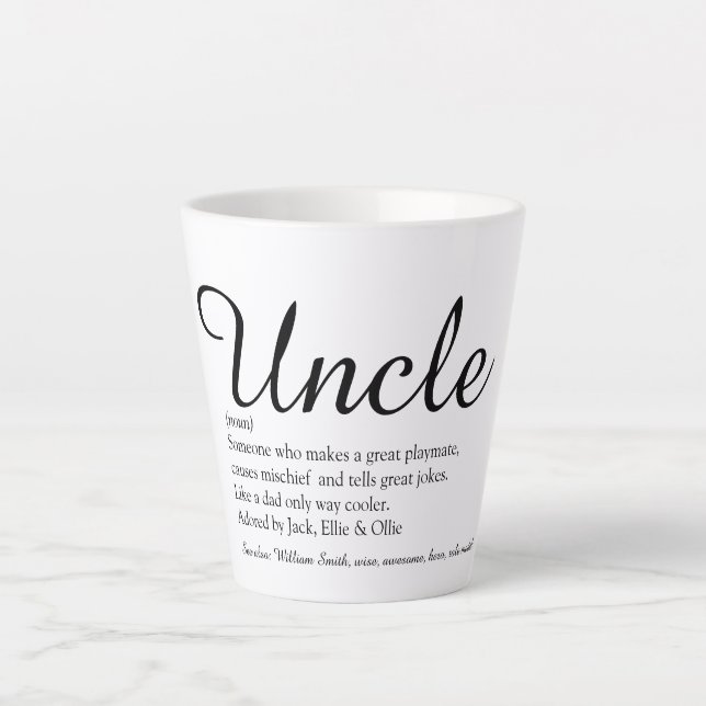 Uncle Cool Fun Elegantes Skript Schwarz und Weiß Milchtasse (Vorderseite)