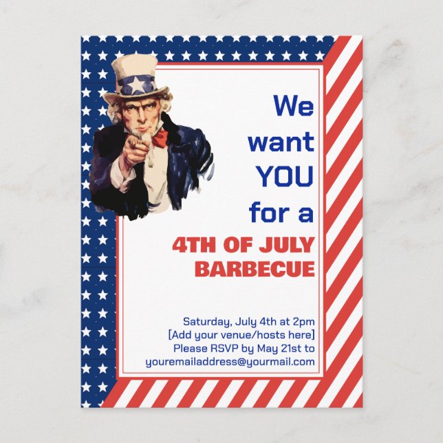 Uncle Sam 4TH JULY GRILLEN BARBECUE Einladung Postkarte (Vorderseite)