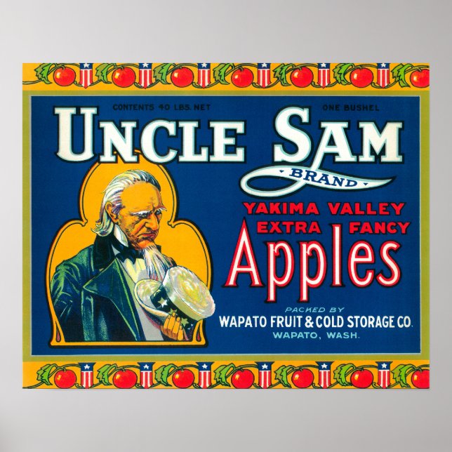 Uncle Sam Apple Label (blau) - Wapato, WA Poster (Vorne)