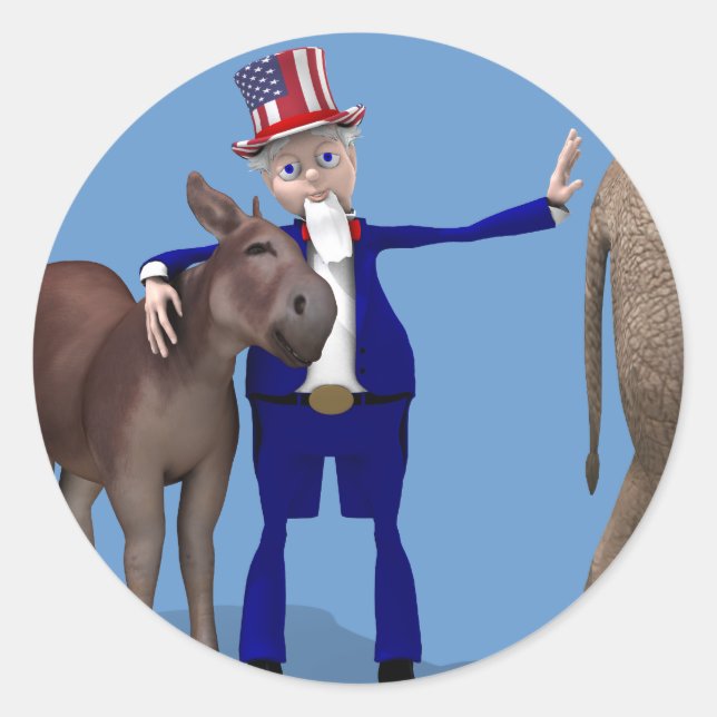 Uncle Sam Hugs Happy Donkey Runder Aufkleber (Vorderseite)