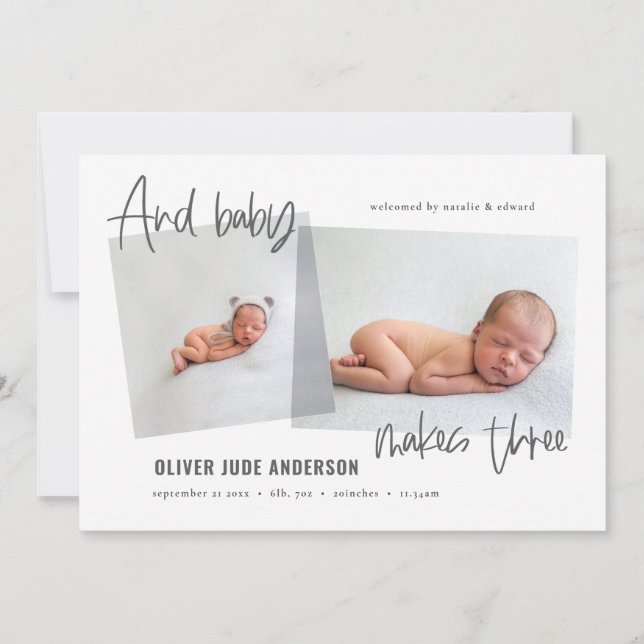 Und das Baby macht drei verschiedene Fotos moderne Ankündigung (Vorderseite)