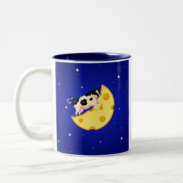 Und die Kuh gesprungen über den Käse-Mond Zweifarbige Tasse (Links)