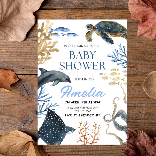 "Under Sea" Aquarell Ocean Life Babydusche Einladung ("Under the Sea" Watercolor Ocean Life Baby Shower Invitation)