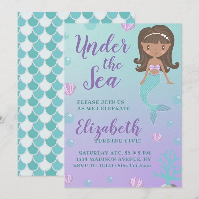 "Under Sea" Meerjungfrau zum Geburtstag Einladung (Vorne/Hinten)