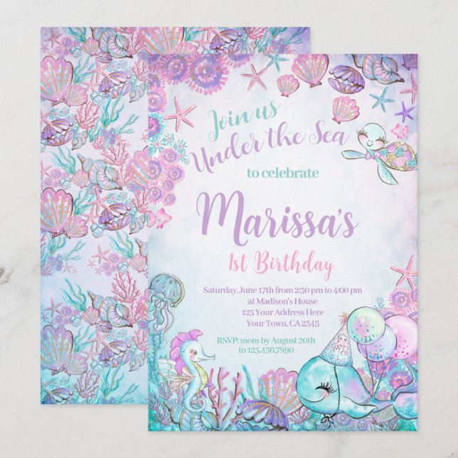 Under the Sea Animals Birthday Invitation (Devant / Derrière)